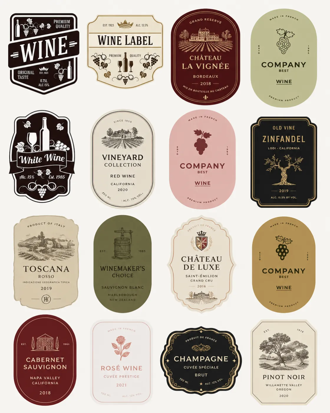 Etichette vino Cantina Rossi con estetica avanguardia vintage