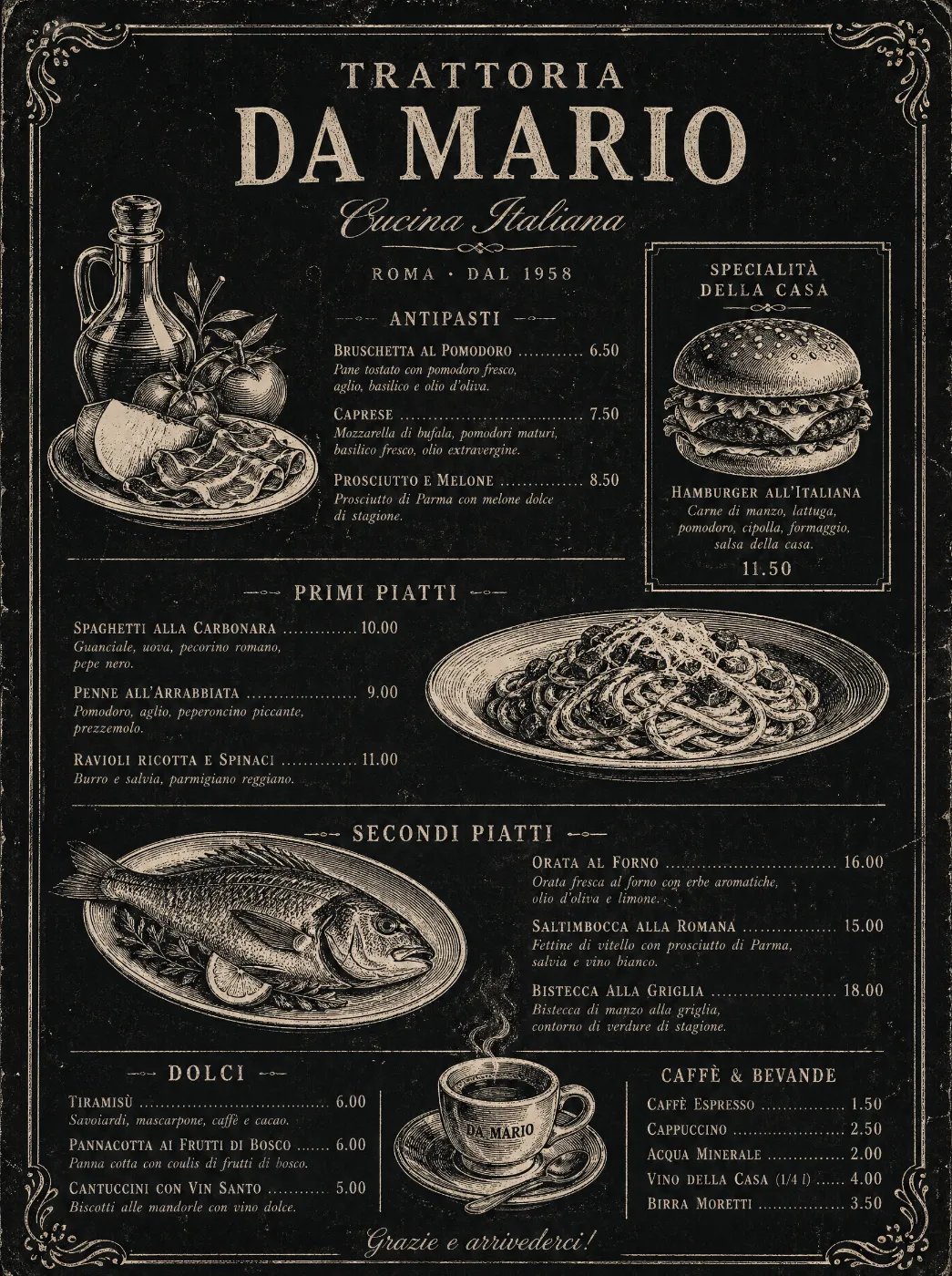Menu ristorante AI in stile trattoria vintage