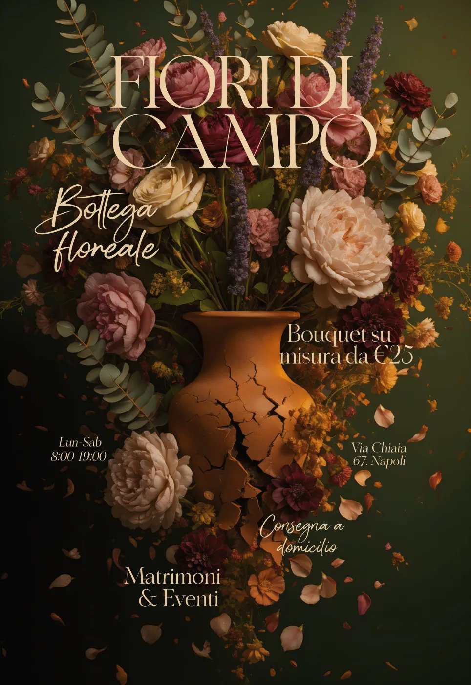 Poster floreale AI con composizione editoriale e tipografia