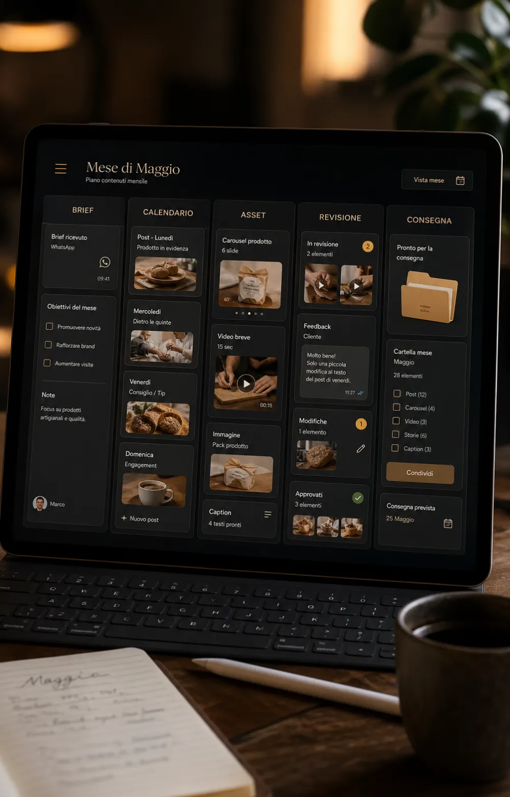 Board mensile con brief, calendario, asset, revisione e consegna